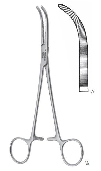 Зажими, хірургічні, "Mixter-O`Shaugnessy", дисекційні, вигнуті, з кремальєрою, зубчаста щелепа, загальна довжина 190 мм. FEHLING INSTRUMENTS GmbH & Co. KG